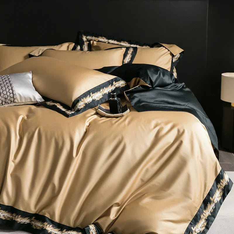 Afralia™ Luxury Jacquard Embroidery Bedding Set in Champagne Gold and Black