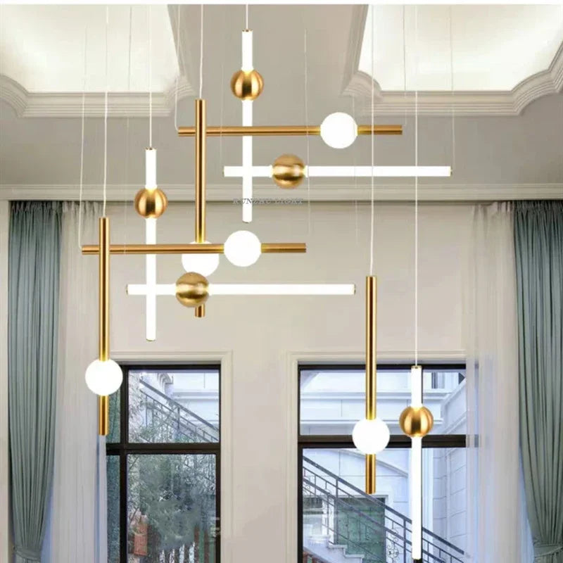 Afralia™ Geometric Line Frame Chandelier Pendant Lights for Stairs and Table Decor