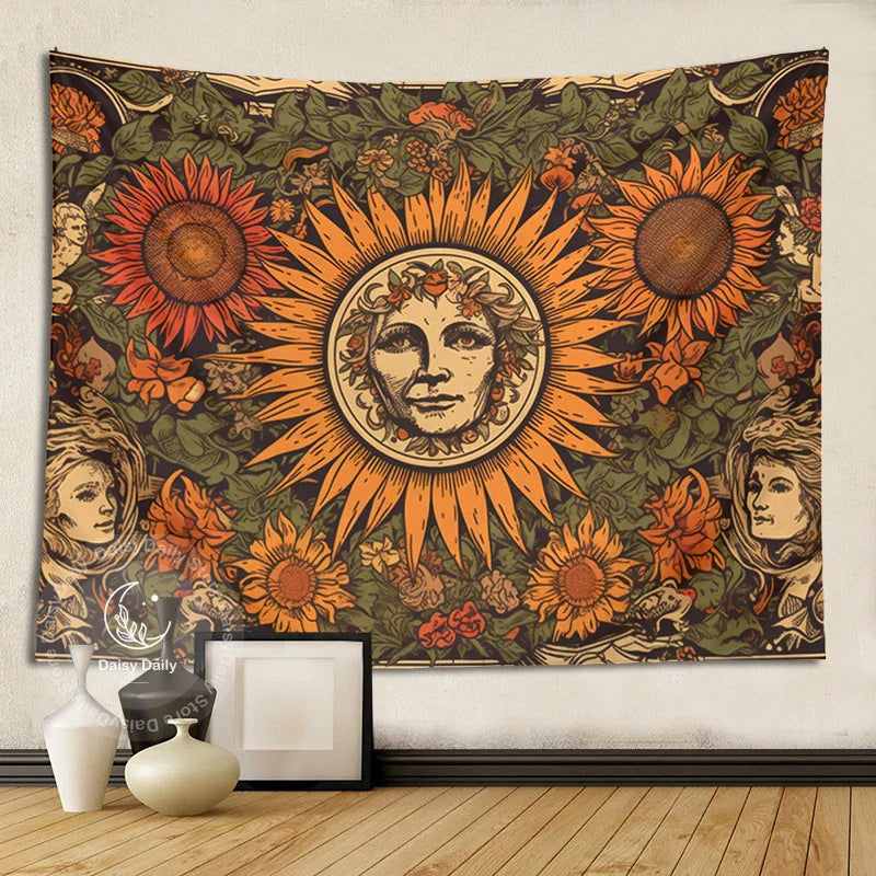 Sunflower Tapestry Wall Hanging Retro Bohemian Floral Decor Cloth by Afralia™