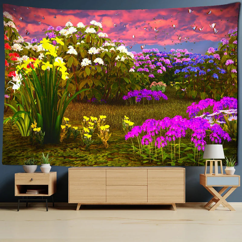 Rhododendron Bush Landscape Tapestry by Afralia™: Psychedelic Hippie Wall Decor for Living Room