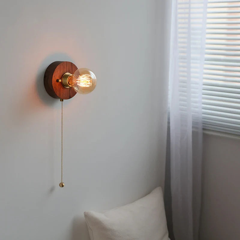 Afralia™ Vintage LED Wall Lamp Wood & Copper Pull Chain Switch, Japanese Style