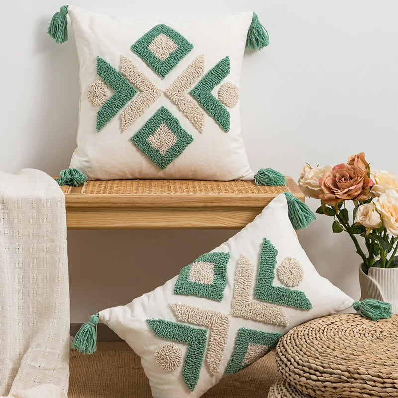 Afralia™ Tufted Geometric Pillow Cover Green Brown Ivory Boho Style Tassels 45x45cm 30x50cm