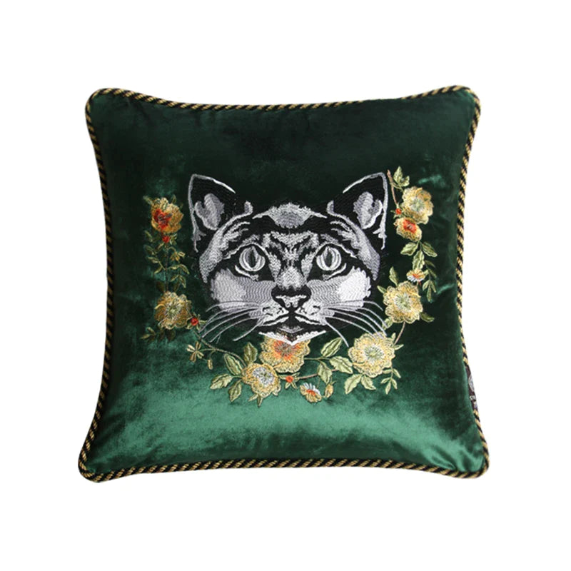 Luxury Embroidered Cat Velvet Pillowcase with Tassels by Afralia™