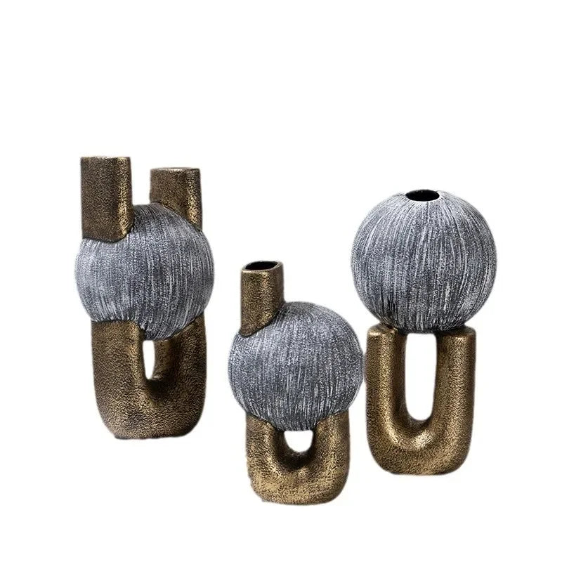 Afralia™ Golden Stripe Geometric Ceramic Vase - Abstract Floral Arrangement Home Decor