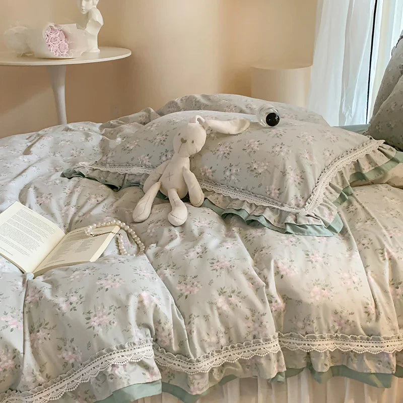 Afralia™ Lace Ruffles Cotton Floral Duvet Set with Pillowcase, Princess Bedding