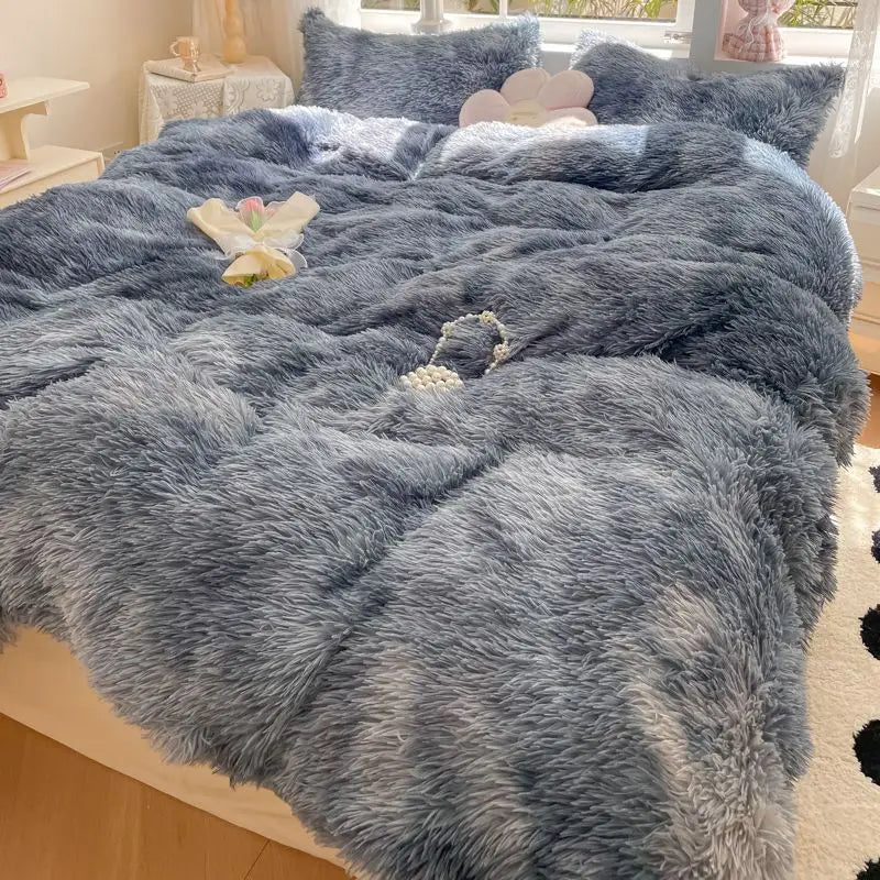 Afralia™ Shaggy Faux Rabbit Fur Bedding Set: Cozy Gradient Coral Fleece Quilt, Duvet Cover, Pillowcases