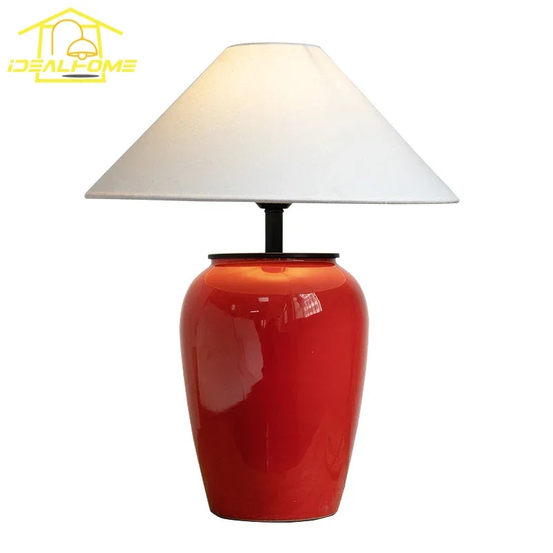 Afralia™ Red Ceramic Table Lamp LED E27 Fabric Lampshade - Art Decor for Home Decor