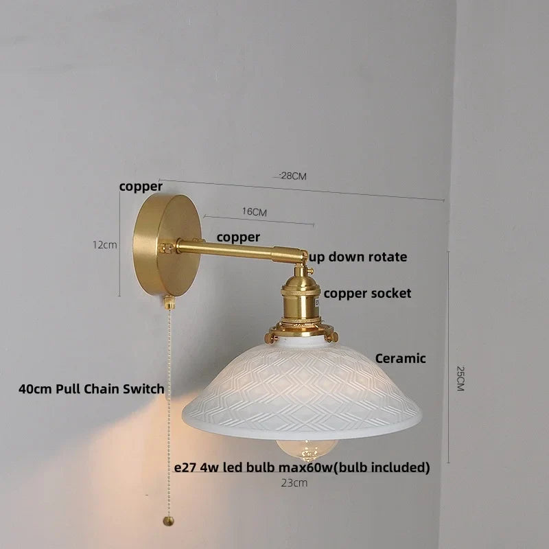 Afralia™ Nordic LED Wall Light Fixture Pull Chain Switch Brass Bedside Lamp