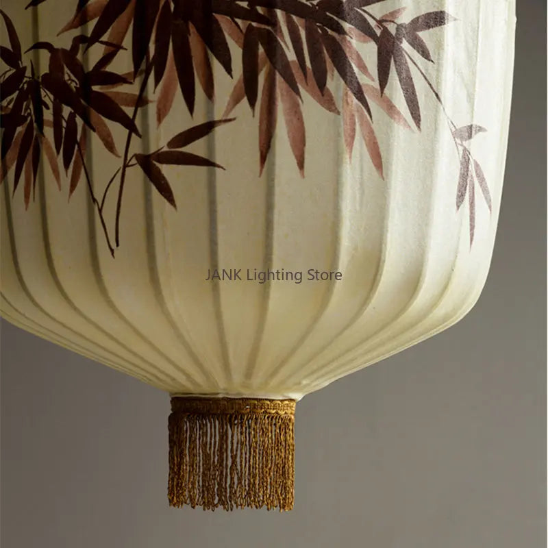 Afralia™ Bamboo Leaf Pattern Lantern Pendent Lamp - Hand-painted Japanese Style Room Decor