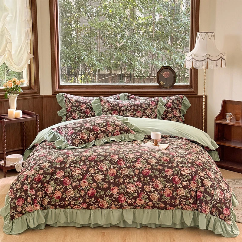 Afralia™ Princess Ruffles Rose Flowers Bedding Set with Pillowcase - 4Pcs