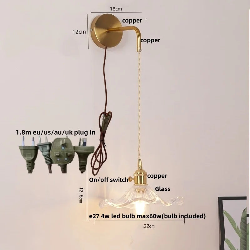 Afralia™ Copper LED Glass Wall Sconce with Pull Chain Switch for Living Dining Room