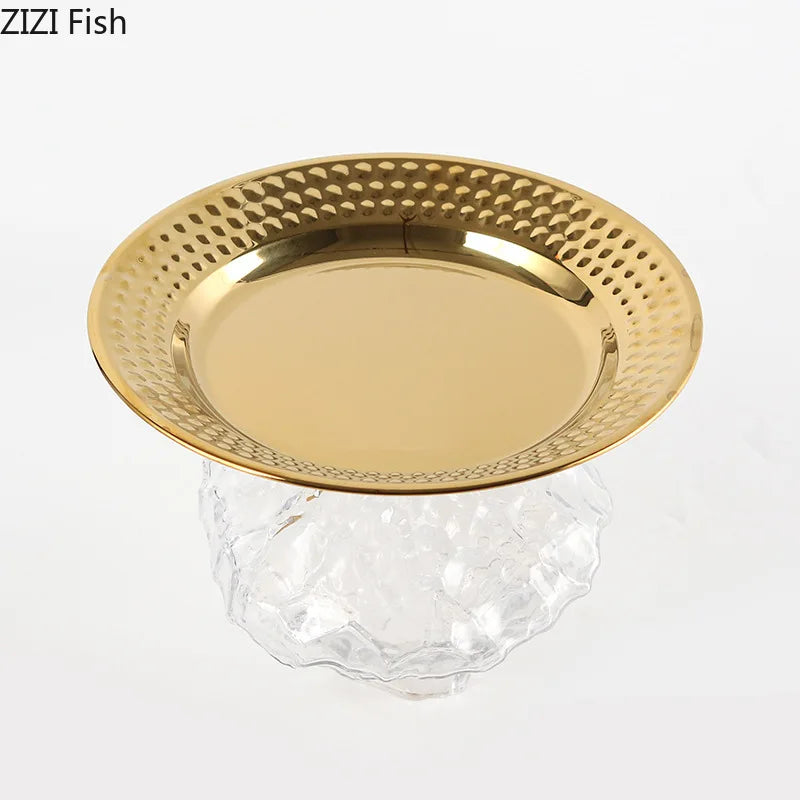 Afralia™ Glass Fruits Bowl Gold Plated Breakfast Dinner Plates Hotel Restaurant Fruit Plate