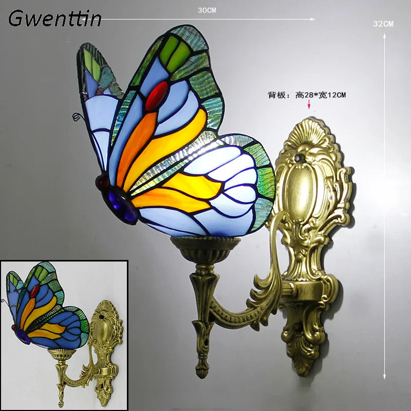 Afralia™ Butterfly Stained Glass Wall Sconces for Home Living Room Bedroom Lighting