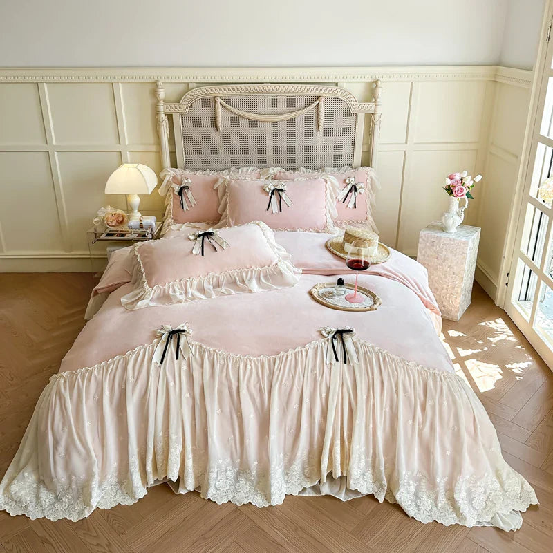 Afralia™ Lace Ruffles Princess Bedding Set, Velvet Duvet Cover, Plush Bed Sheet, Pillowcases