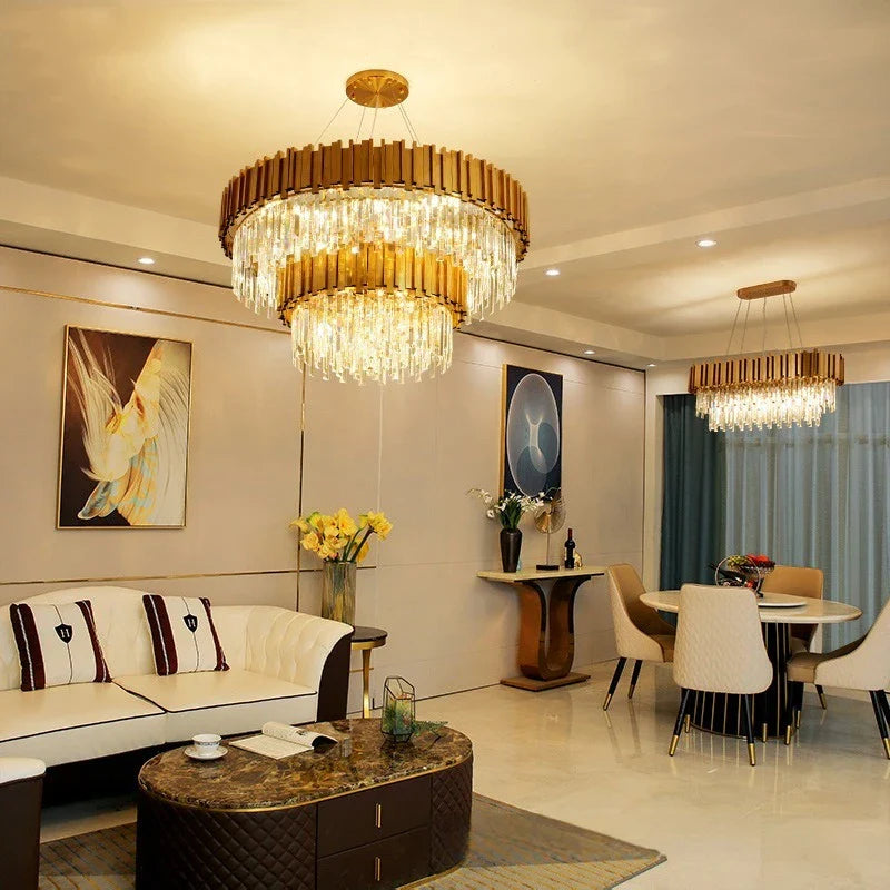 Afralia™ Crystal Gold Chandelier LED Ceiling Pendant for Living Room Bedroom Kitchen Island