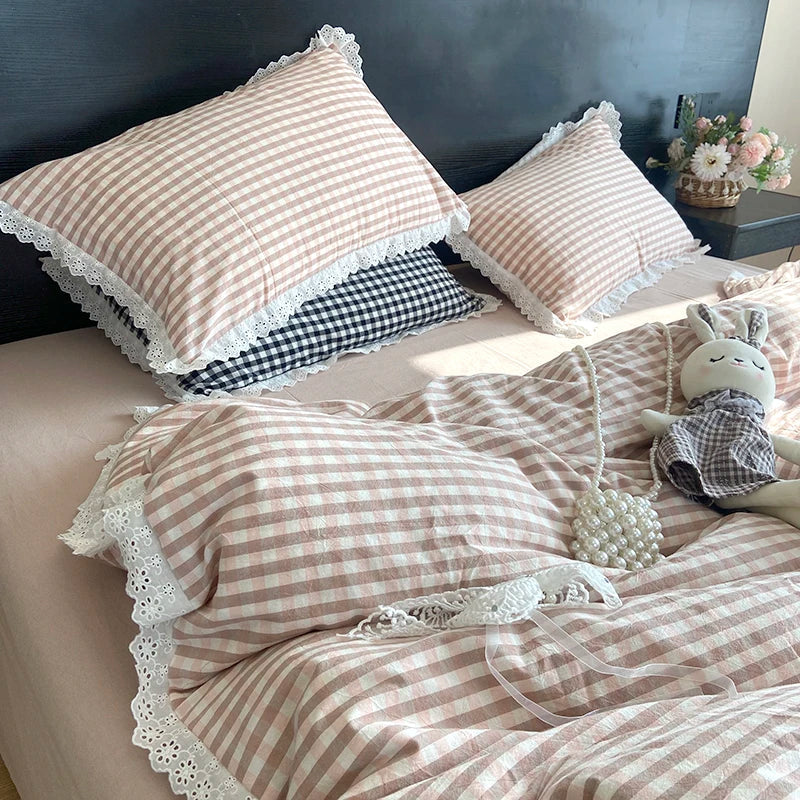 Afralia™ Vintage Lace Cotton Quilt Cover Set, Plaid Design, Black & White, 4Pcs