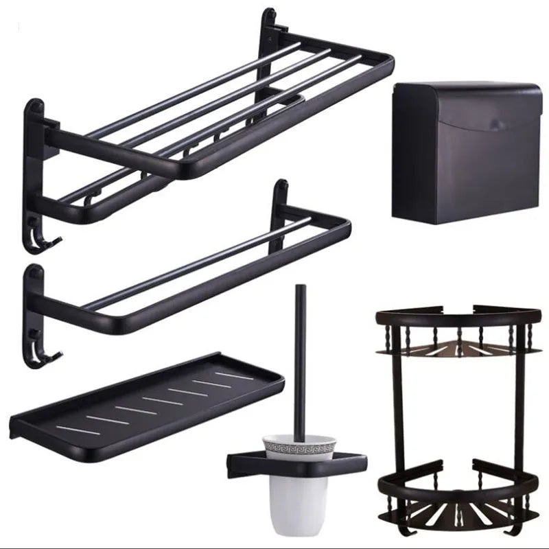 Black Bathroom Set: Afralia™ Space Aluminum Hardware Towel Rack, Paper Holder, Toilet Brush, Robe Hooks