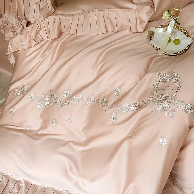 Afralia™ Princess Ruffles Flowers Embroidery 1000TC Egyptian Cotton Bedding Set
