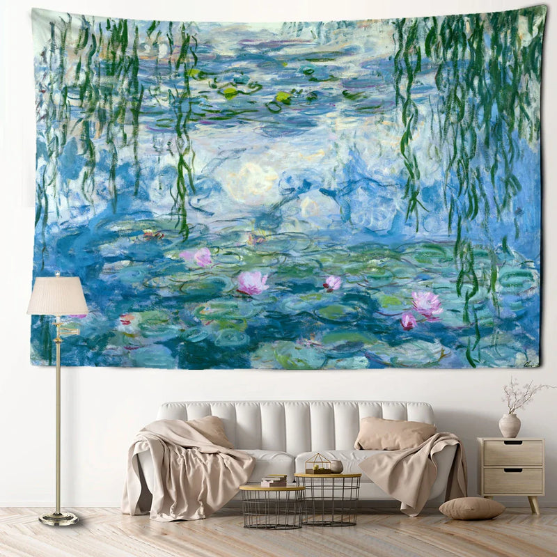 Water Lily Oil Painting Tapestry Wall Hanging by Afralia™ - Bohemian Abstract Art for Home Decor