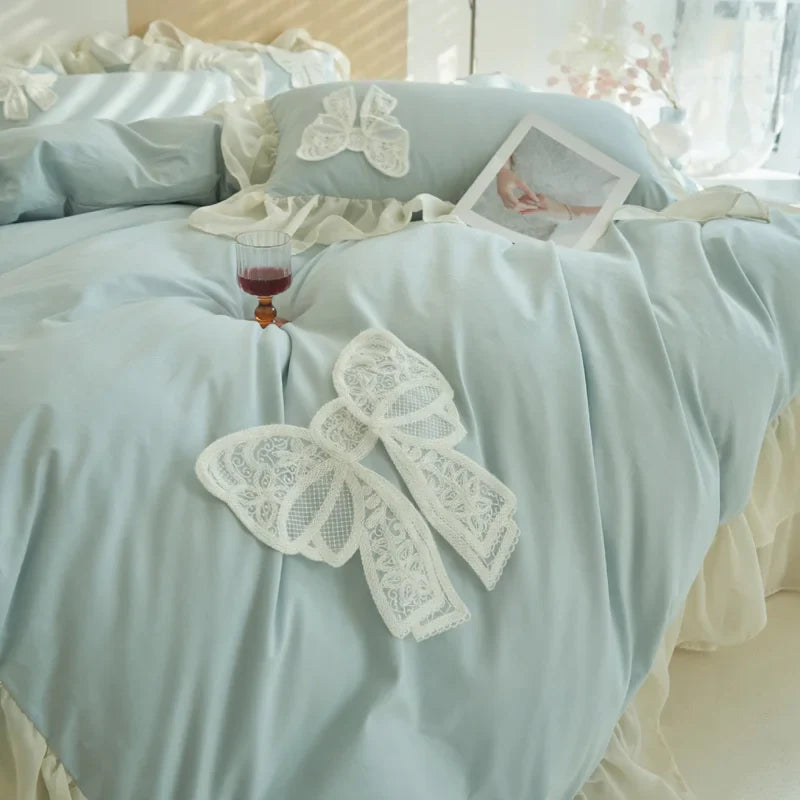 Afralia™ Korean Lace Ruffles Queen Size Duvet Cover with Bow Detail - Romantic French Design