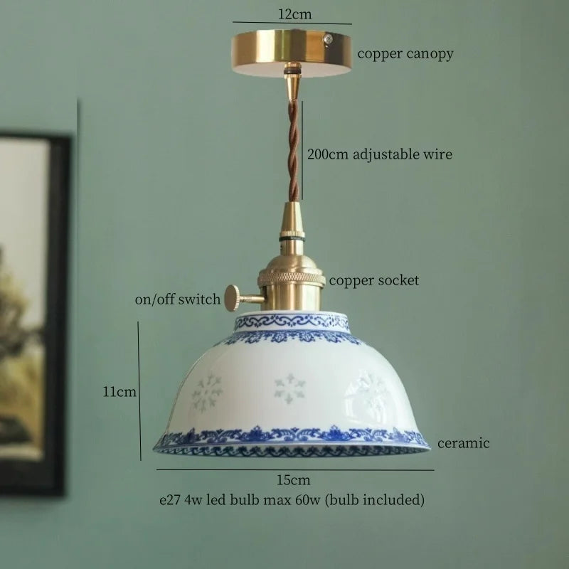 Afralia™ Patterned Ceramic LED Pendant Lamps Vintage Copper Hanging Light for Dining Living Room