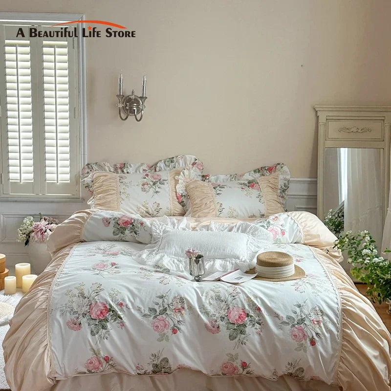 Afralia™ Korean Princess Style Floral Cotton Bedding Set with Ruffles