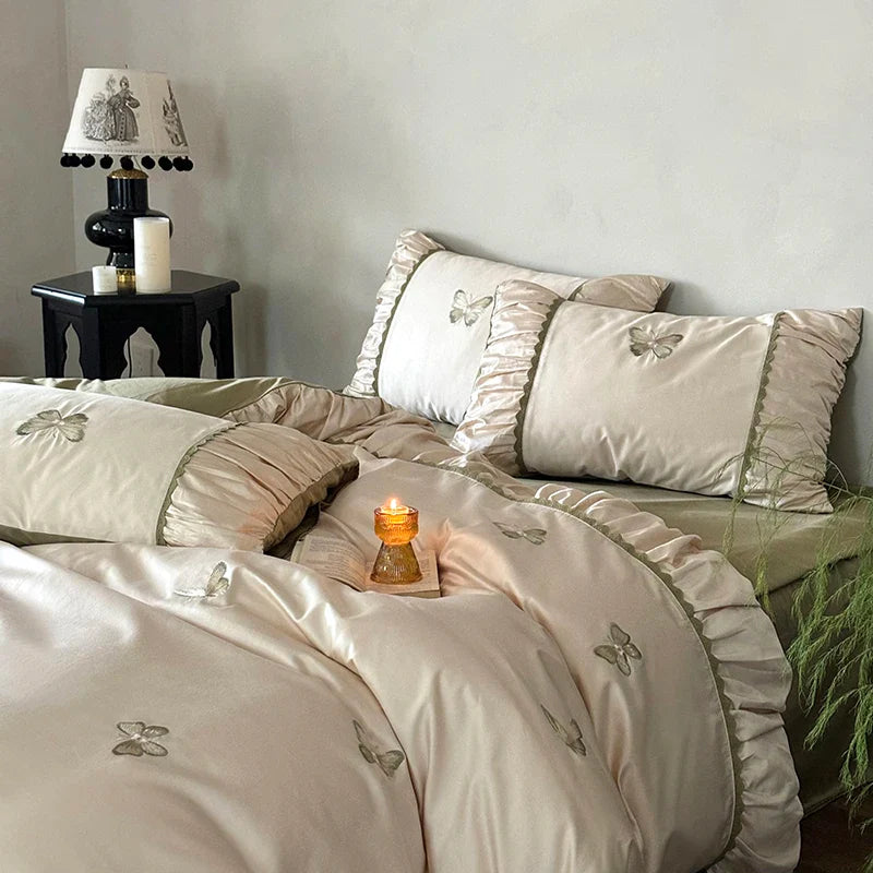 Afralia™ Butterfly Embroidery 1000TC Egyptian Cotton Bedding Set with Duvet Cover, Sheet, Pillowcases