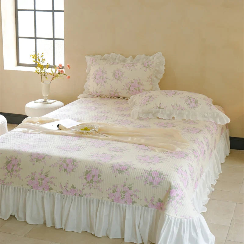 Afralia™ Pure Cotton Floral Quilted Bedding Set with Lace Ruffles