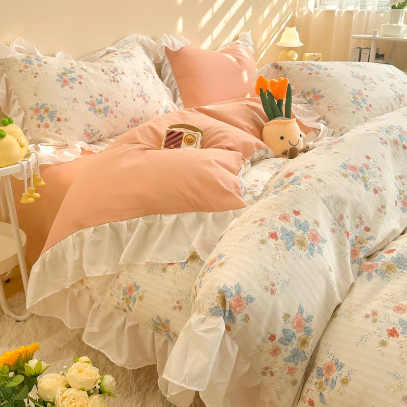 Afralia™ Korean Princess Floral Ruffles Bedding Set: Single/Queen Duvet, Cover, & Pillowcases