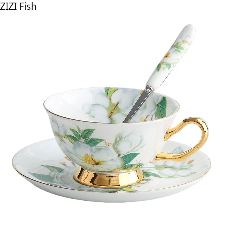 Afralia™ Green Flowers Ceramic Cup & Saucer Set for Coffee, Tea, Juice, and More