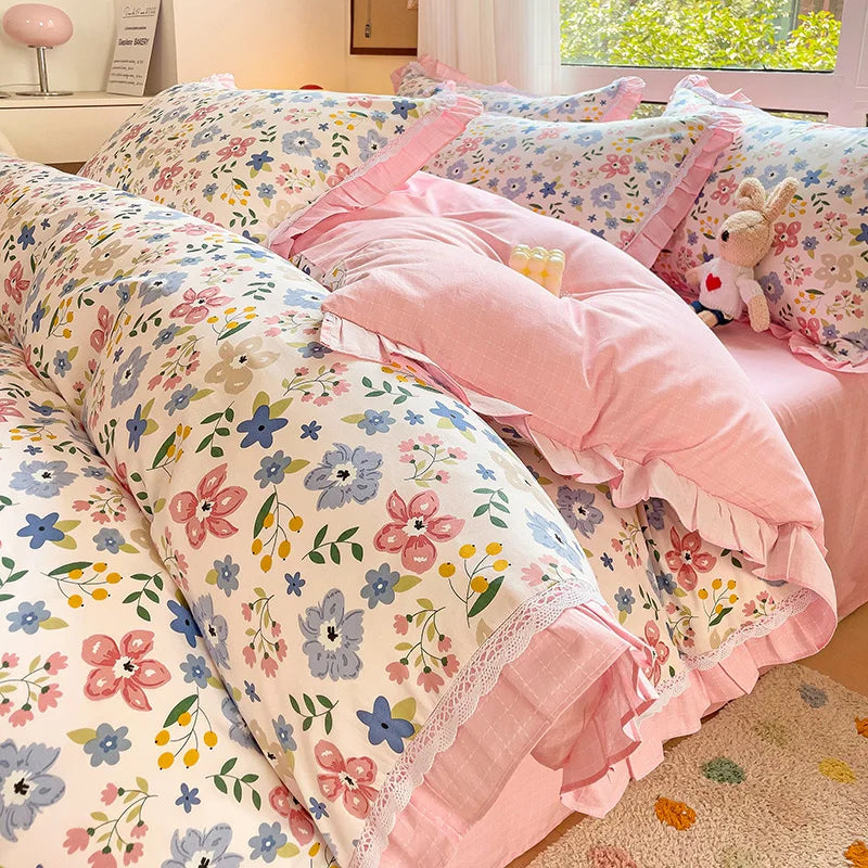 Afralia™ Floral Ruffles Bedding Set with Duvet Cover, Sheets, and Pillowcases