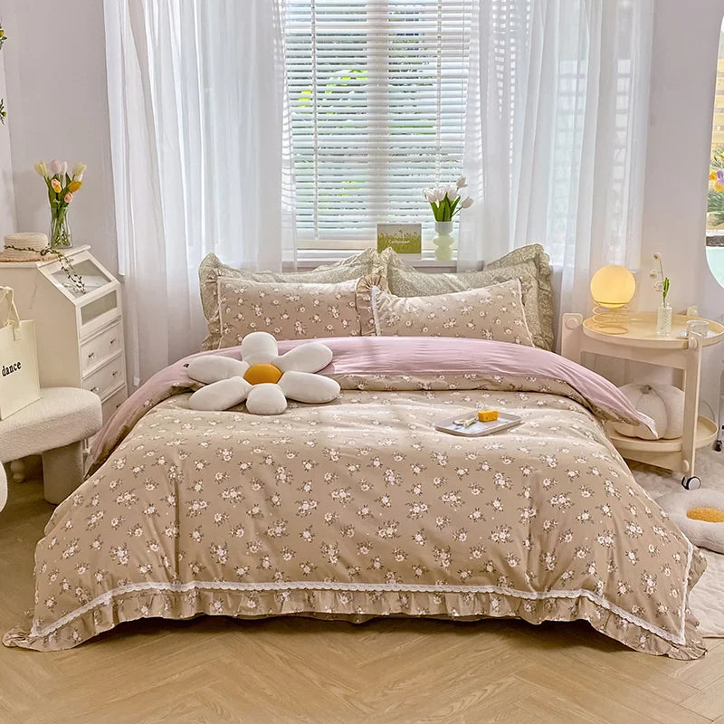 Afralia™ Princess Floral Cotton Bedding Set with Ruffled Edge