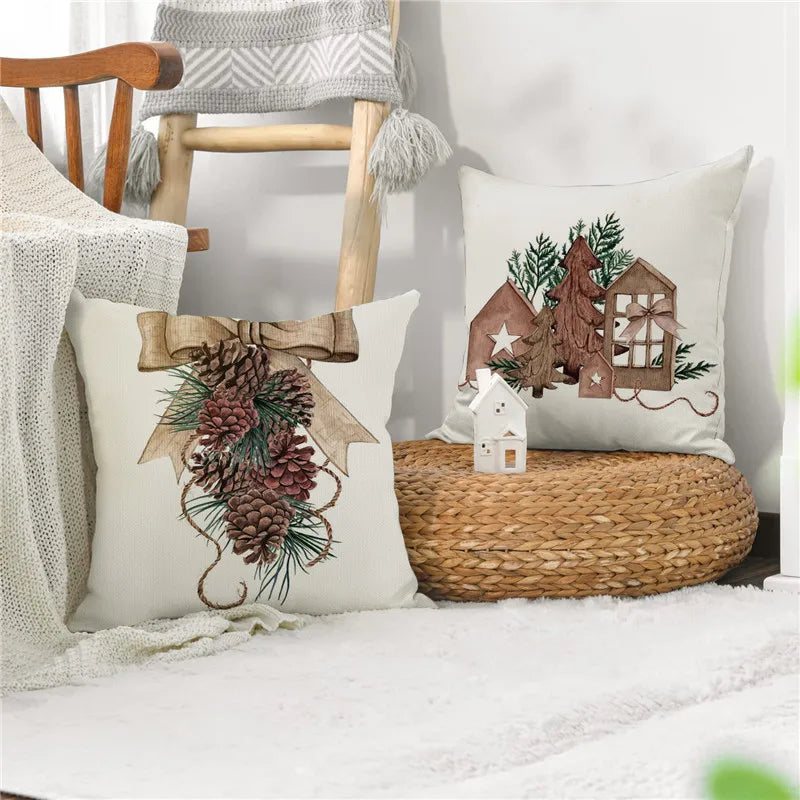 Afralia™ Pinecone Candlestick Linen Print Pillowcase - Christmas Home Decor