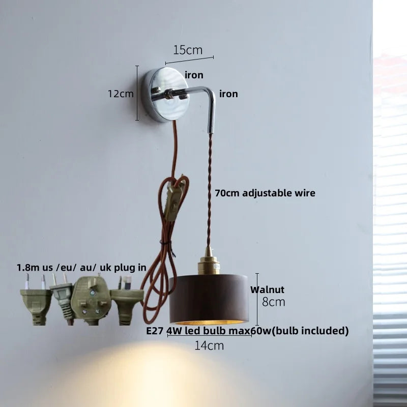 Afralia™ Ash Wood LED Wall Light with Pull Chain Switch, Japanese Style Bedside Lamp