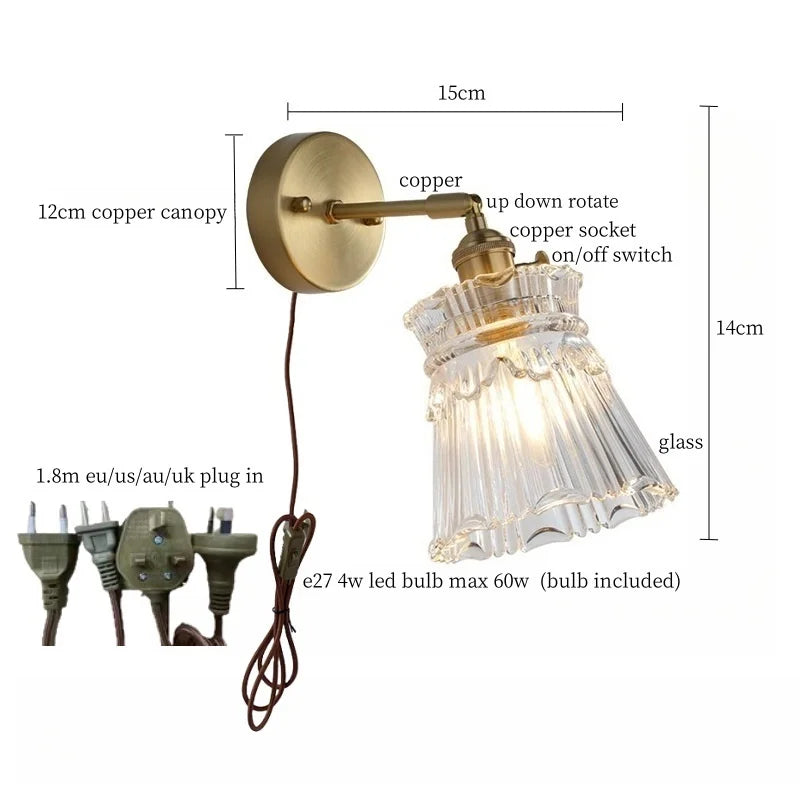 Afralia™ Clear Brass Glass LED Wall Lamp Pull Chain for Living Room Bedroom Loft