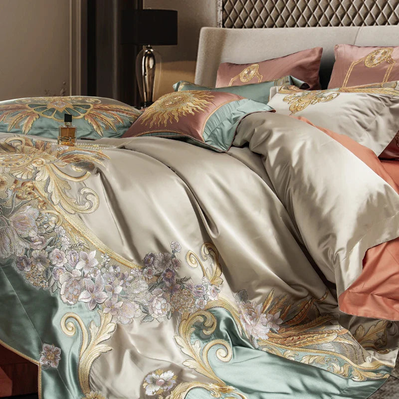 Afralia™ Vintage Flowers & Gold Embroidery Bedding Set - 4/6/9Pcs Egyptian Cotton Duvet Cover, Sheet & Pillowcases