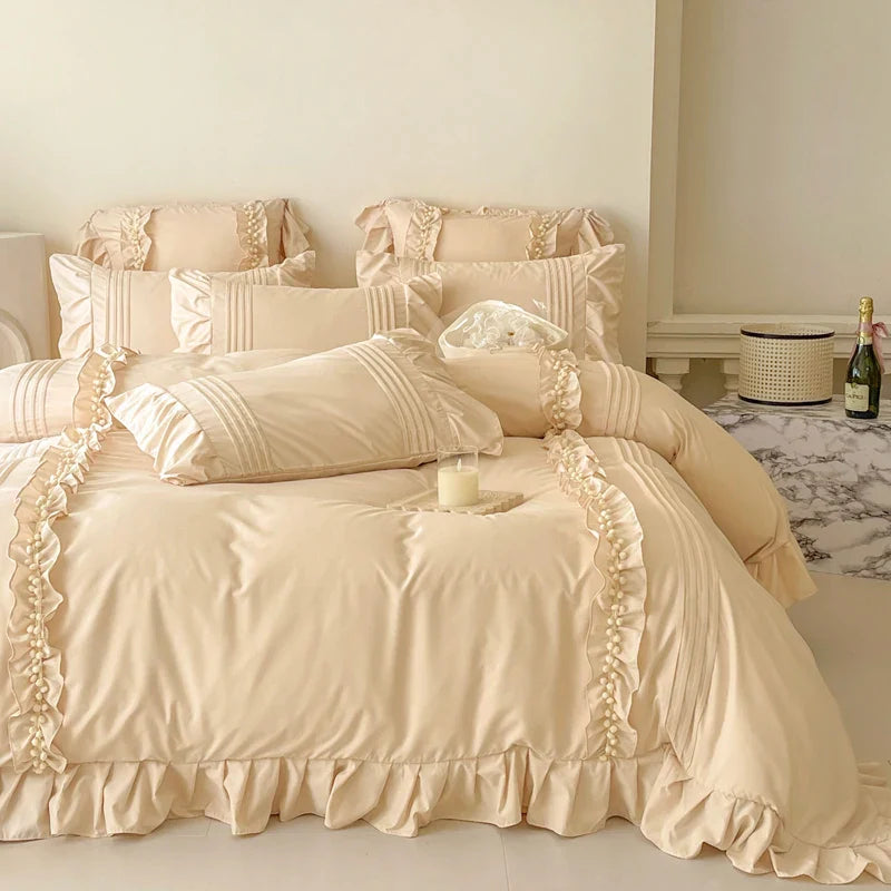Afralia™ Princess Ruffles Bedding Set: Duvet Cover, Bed Sheet, Pillowcases - Cream White Color