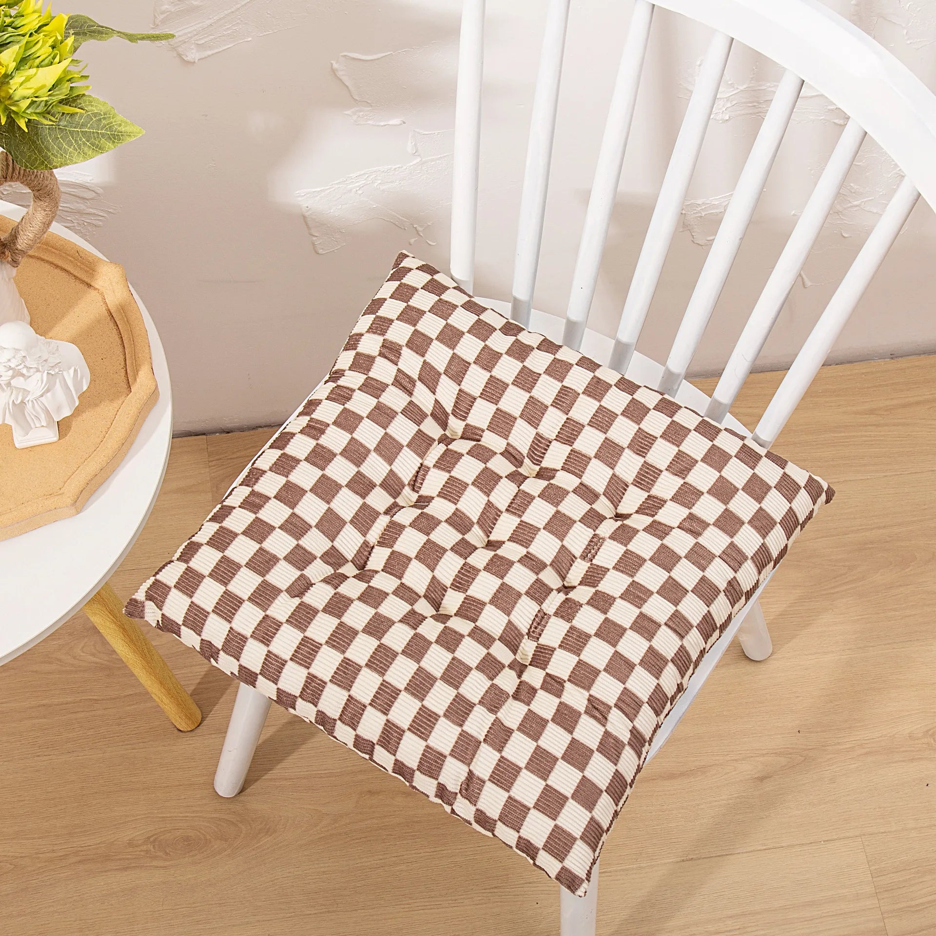 Afralia™ Checkered Corduroy Seat Cushion, Winter Thick Dining Chair with Strap