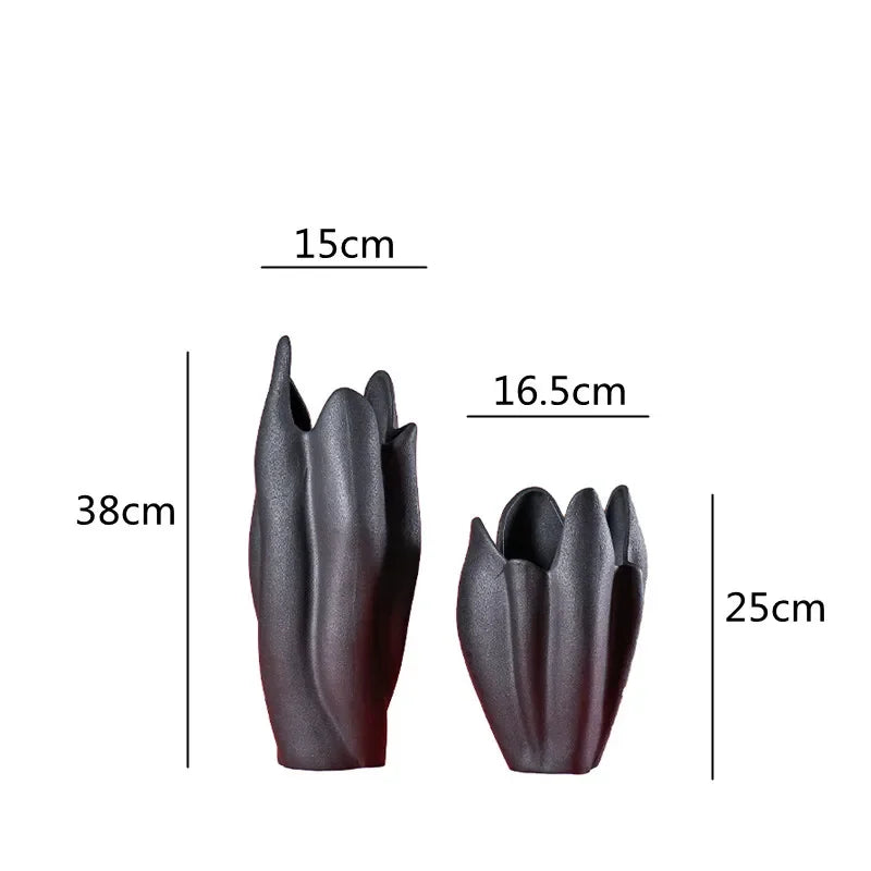 Afralia™ Black Texture Ceramic Vase Irregular Crafts Flower Arrangement Home Decoration