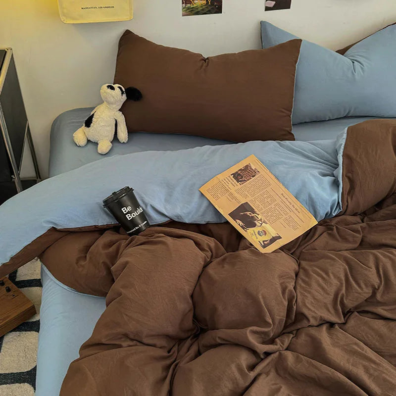 Afralia™ Two-Tone Washed Cotton Bedding Set Soft Duvet Cover for Student Dorm Home