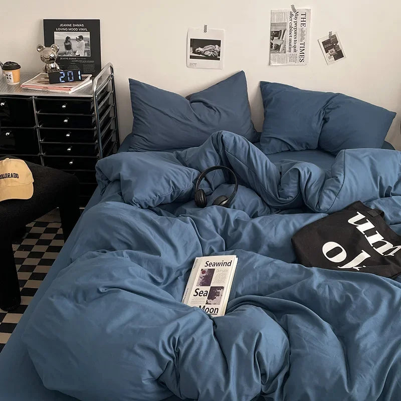 Afralia™ Washed Cotton Bed Set - Soft & Breathable 4-Piece Solid Color Duvet Cover Bed Sheet