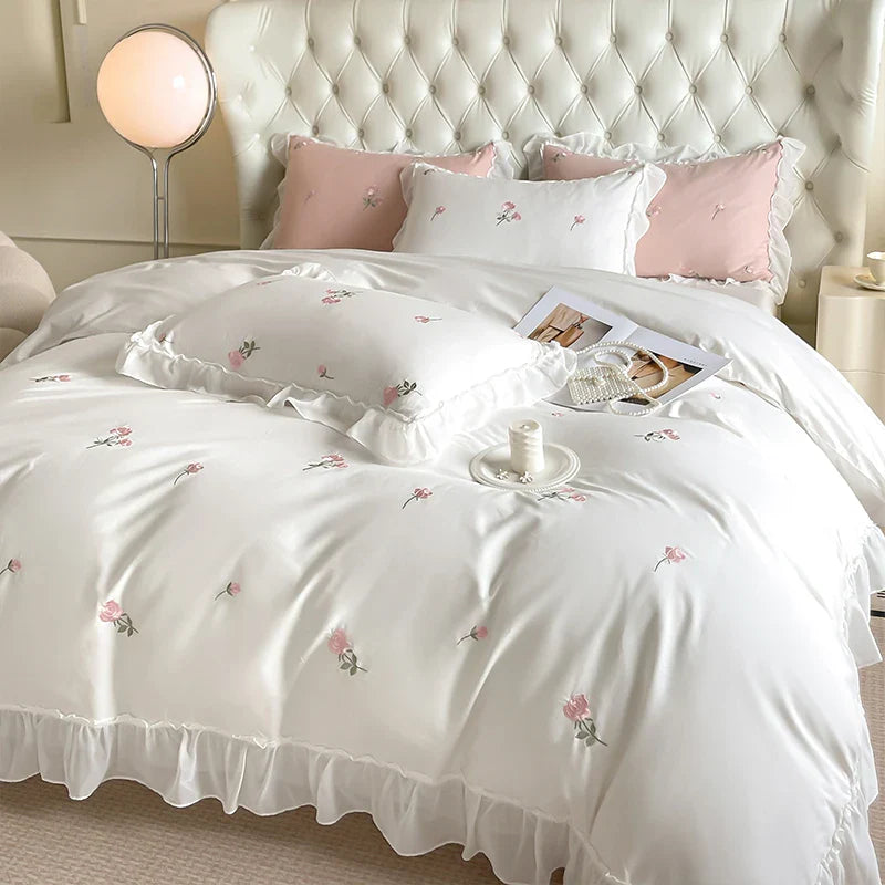 Afralia™ Rose Flowers Embroidery Lace Ruffles White Bedding Set - 100% Cotton Duvet Cover, Bed Sheet, Pillowcase