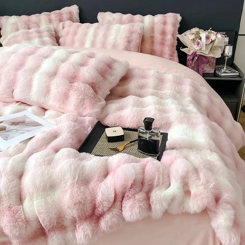 Afralia™ Gradient Faux Rabbit Fur Bedding Set - Warm Luxury Plush Duvet Cover & Quilt Sets