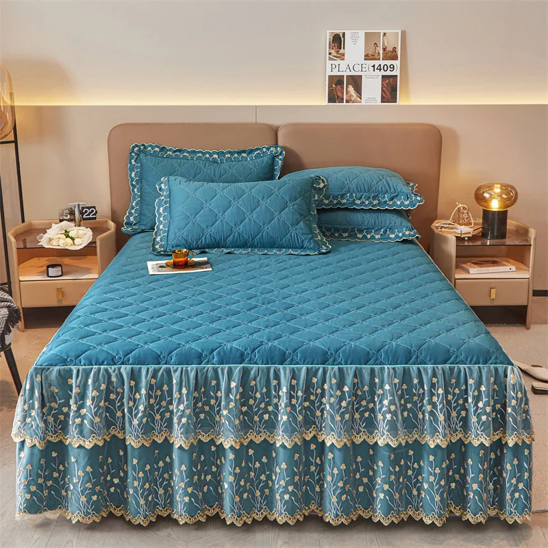 Afralia™ Cotton Lace Ruffles Quilted Bed Skirt Set with Pillowcases