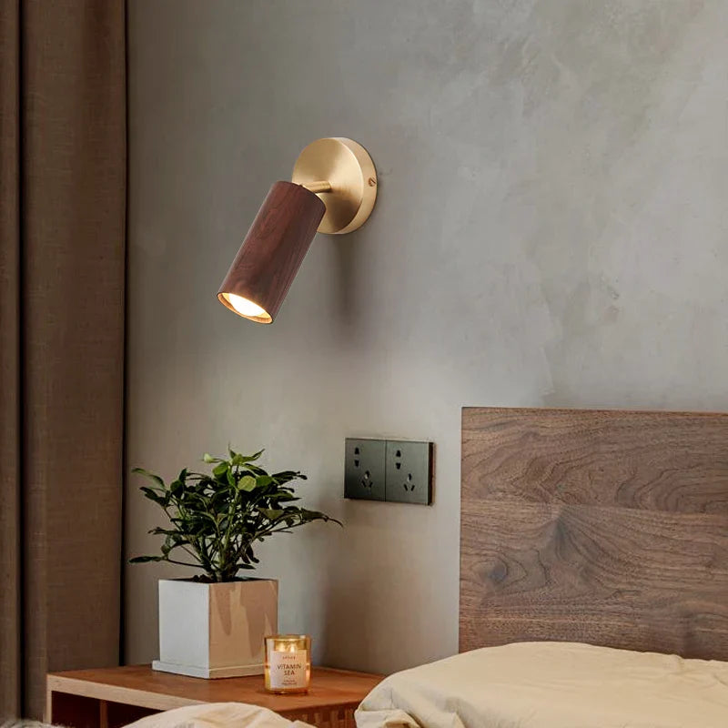 Afralia™ Wood Nordic LED Wall Light - Modern Copper Canopy Bedside Lamp