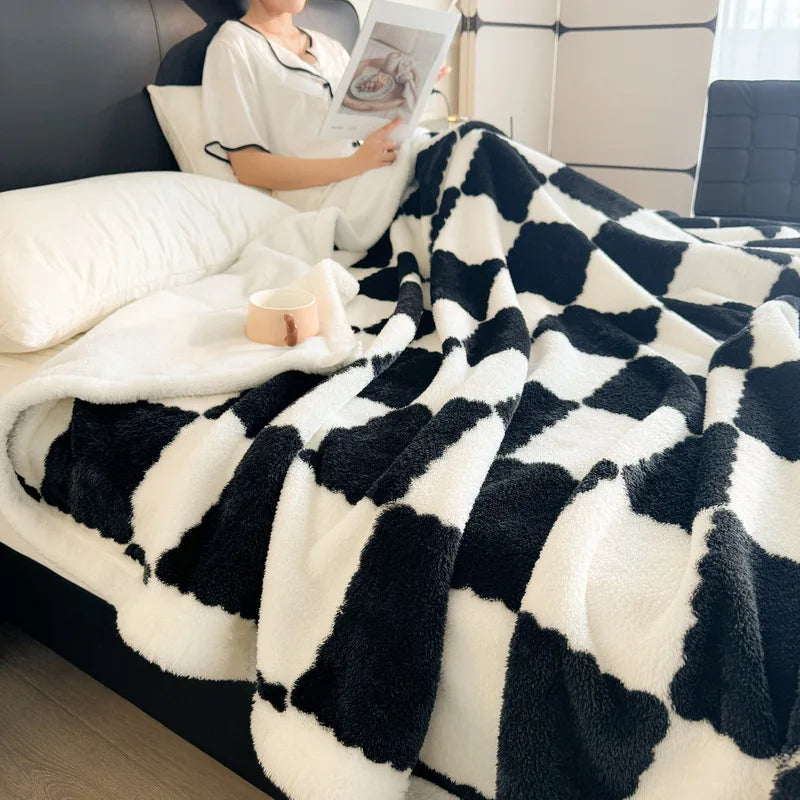 Afralia™ Velvet Checkerboard Blanket - Double Layered Thick Coral Fleece Sofa Cover