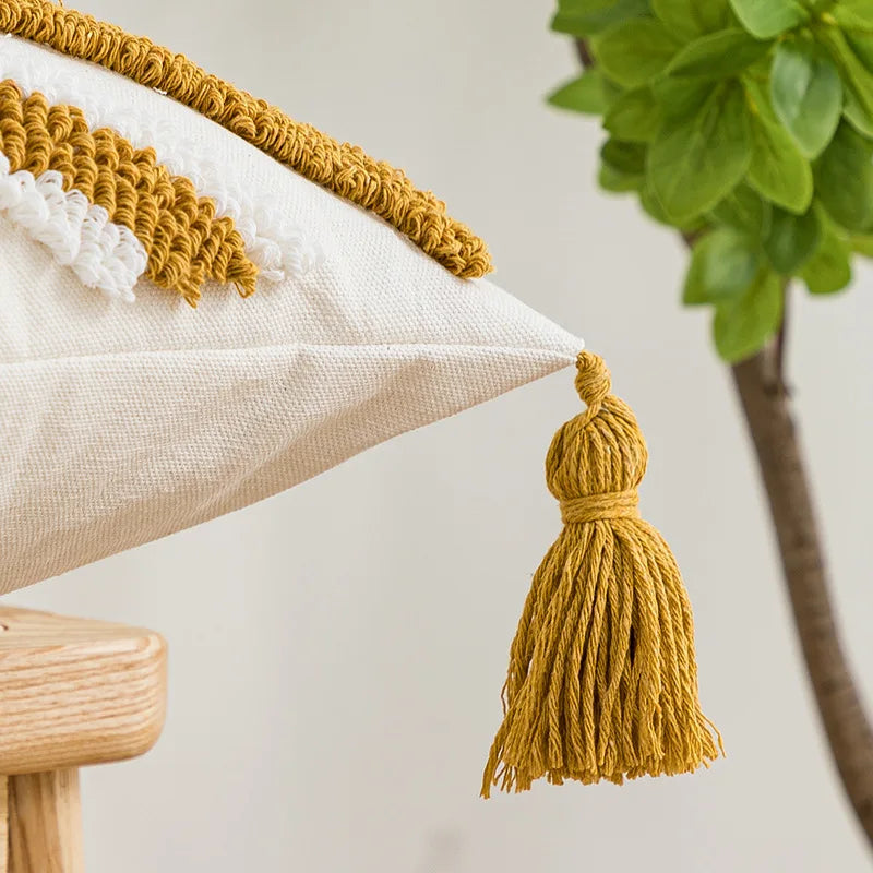 Geometric Embroidered Cotton Pillow Case with Fringed Tufting by Afralia™ for Sofa