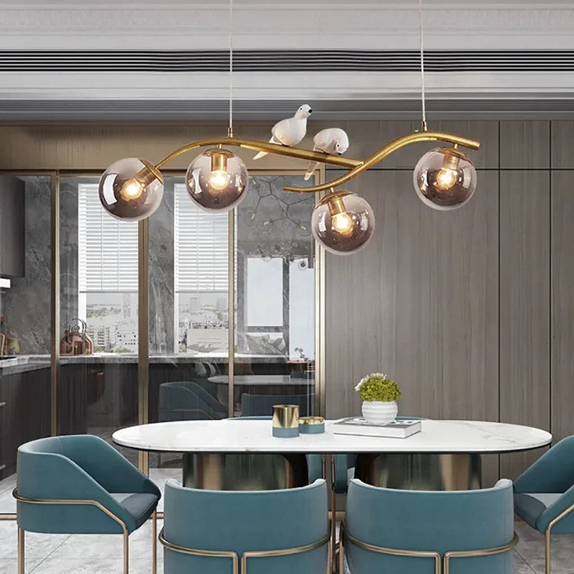 Afralia™ Birds Hanging Glass LED Chandelier in Black & Gold Iron - Modern Kitchen Island Light