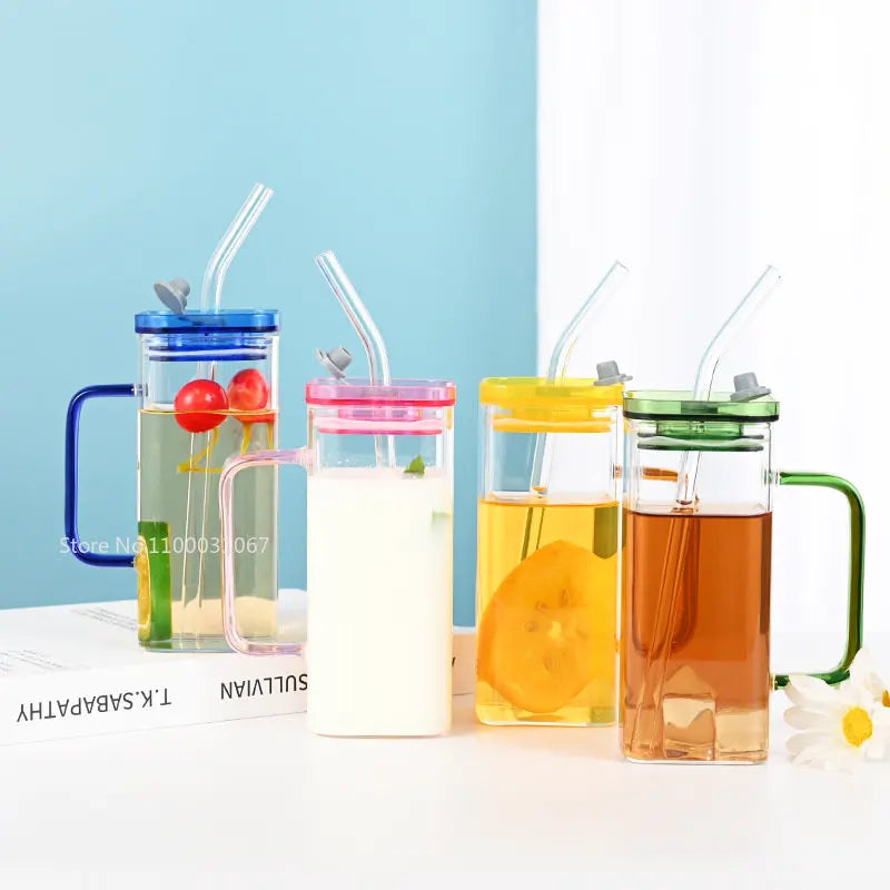 Afralia™ Glass Drinking Cups with Straw & Acrylic Lid, Colored Handle Layer for Beverages