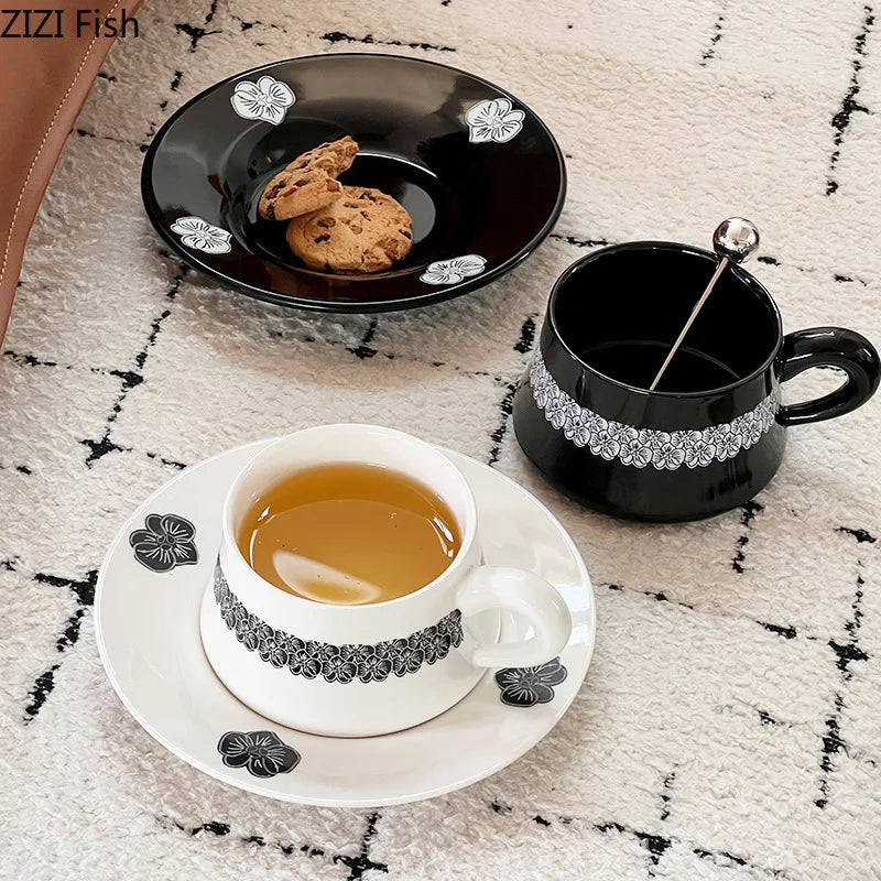 Afralia™ Black Flower Porcelain Cup & Saucer Set, Elegant Coffee Mug for Dining & Afternoon Tea